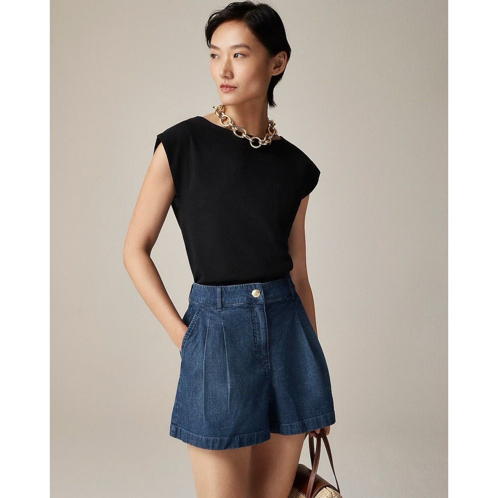 J. Crew Drapey Denim High Rise Pleated Denim Crest Button Shorts Size 33 NWT